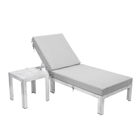 Chelsea Modern Outdoor Weathered Grey Chaise Lounge Chair With Side Table & Light Grey Cushions